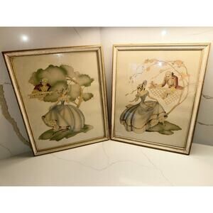 Victorian Watercolor Prints Maude Eggemeyer Courting Vintage Framed Art Set of 2